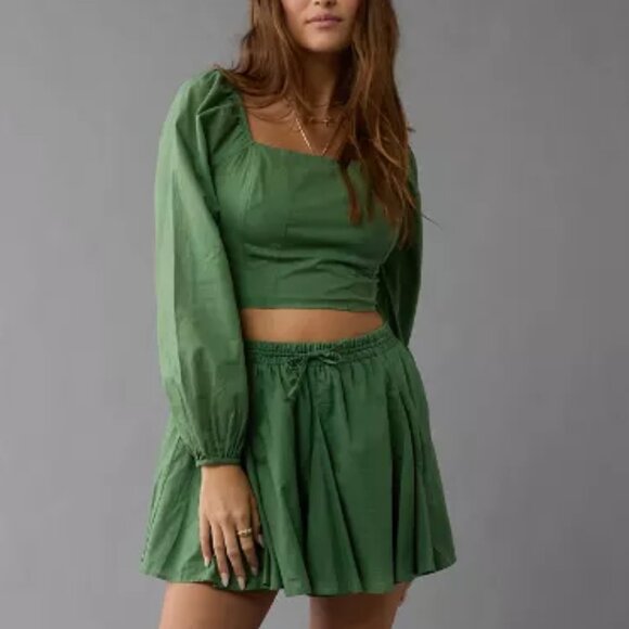 NWOT American Eagle AE Cropped Corset Balloon Sleeve Top Smocked Back Green sz L - Picture 15 of 15